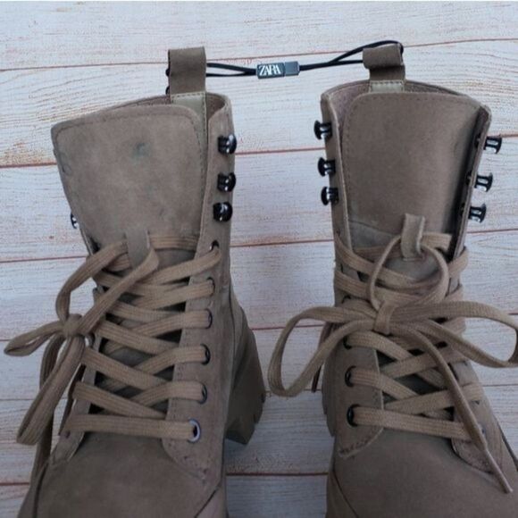 Zara Lug Sole Leather Suede Front Lace Up Ankle Boots Booties Combat Size 40 - Picture 12 of 13